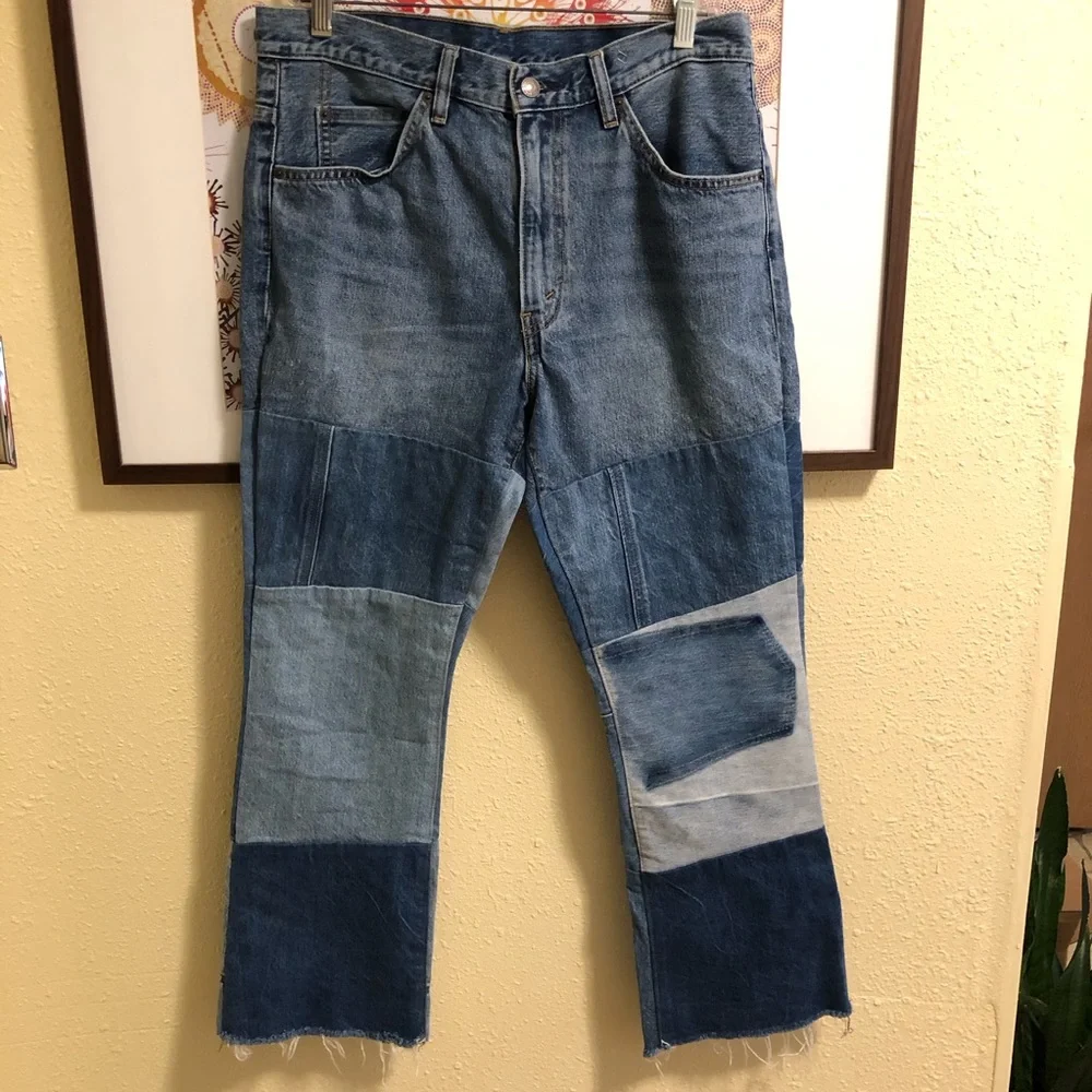 Levi’s Orange Tab Patchwork Vinyl Revival Cropped Straight Leg Raw Hem 31 - Picture 4 of 12
